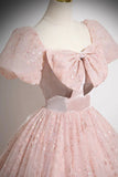 Pink Tulle Sequins Long Prom Dress, Lovely A-Line Party Dress with Bow HZ0429
