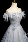 High quality Tulle Sequins Long Prom Dress, Shiny Gray Blue Off the Shoulder Evening Party Dress HZ0429
