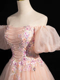 Pink Tulle Lace Long Prom Dress, Beautiful A-Line Off the Shoulder Evening Party Dress HZ0429
