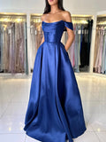 A-Line Satin Long Prom Dress, Simple Off the Shoulder Evening Party Dress HZ0429