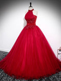 Red A-Line Halter Long Prom Dress, Red Backless Evening Formal Dress HZ0429