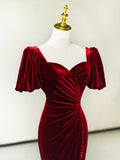 Burgundy Short Sleeve Pleated Velvet Long Mermaid Prom Dress with Slit HZ0429