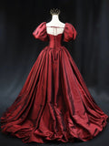 Burgundy Scoop Short Sleeves Party Dress, A-Line Long Evening Dress Prom Dress HZ0429