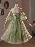 Green Floral Tulle A-Line Knee Length Party Dress, Lovely Spaghetti Strap Evening Prom Dress HZ0429