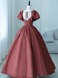 Elegant Satin Pleated Long Prom Dress, A-Line Short Sleeve Evening Party Dress HZ0429