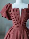 Elegant Satin Pleated Long Prom Dress, A-Line Short Sleeve Evening Party Dress HZ0429