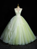 Green V-Neck Tulle Lace Long Prom Dress, A-Line Sleeveless Evening Dress HZ0429