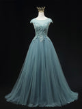 Blue Scoop Neckline Tulle Lace Long Prom Dress, Beautiful Lace Formal Evening Dress HZ0429