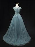 Blue Scoop Neckline Tulle Lace Long Prom Dress, Beautiful Lace Formal Evening Dress HZ0429