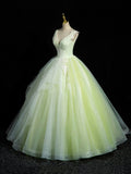 Green V-Neck Tulle Lace Long Prom Dress, A-Line Sleeveless Evening Dress HZ0429