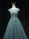 Blue Scoop Neckline Tulle Lace Long Prom Dress, Beautiful Lace Formal Evening Dress HZ0429