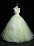 Green V-Neck Tulle Lace Long Prom Dress, A-Line Sleeveless Evening Dress HZ0429