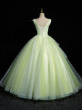 Green V-Neck Tulle Lace Long Prom Dress, A-Line Sleeveless Evening Dress HZ0429