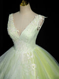 Green V-Neck Tulle Lace Long Prom Dress, A-Line Sleeveless Evening Dress HZ0429