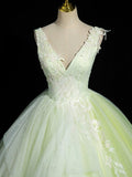 Green V-Neck Tulle Lace Long Prom Dress, A-Line Sleeveless Evening Dress HZ0429