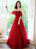 Dark Red Sweetheart Tulle Long Prom Dress, Beautiful A-Line Corset Evening Party Dress HZ0429