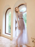Purple Tulle Beaded Long Prom Dress, Beautiful Long Sleeve Evening Dress HZ0429
