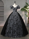 Beautiful Black Rhinestone Flower Prom Dress, Black V-Neck Short Sleeve Evening Dress HZ0429