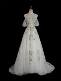 A-Line Tulle Floral Lace Long Prom Dress, White Off the Shoulder Evening Party Dress HZ0429
