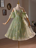 Green Floral Tulle A-Line Knee Length Party Dress, Lovely Spaghetti Strap Evening Prom Dress HZ0429