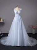 Light Blue Tulle Lace Long Prom Dress, Beautiful A-Line Evening Party Dress HZ0429
