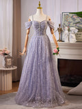 Shiny Tulle Sequins Long Prom Dress, A-Line Off the Shoulder Evening Party Dress HZ0429