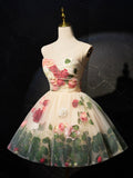 Champagne Scoop Neck Short Prom Dress with Flowers, Cute A-Line Party Dress HZ0429