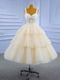 Champagne Tea Length Tulle Beaded Party Dress, Charming A-line Evening Graduation Dress HZ0429