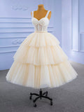 Champagne Tea Length Tulle Beaded Party Dress, Charming A-line Evening Graduation Dress HZ0429