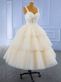 Champagne Tea Length Tulle Beaded Party Dress, Charming A-line Evening Graduation Dress HZ0429