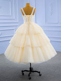 Champagne Tea Length Tulle Beaded Party Dress, Charming A-line Evening Graduation Dress HZ0429