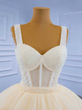Champagne Tea Length Tulle Beaded Party Dress, Charming A-line Evening Graduation Dress HZ0429