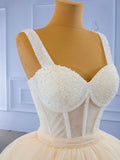 Champagne Tea Length Tulle Beaded Party Dress, Charming A-line Evening Graduation Dress HZ0429