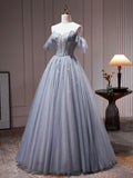 Gray Tulle Off Shoulder Beaded Party Dress, A-Line Tulle Formal Dress Prom Dress HZ0429