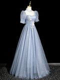 Gray Tulle Floor Length Prom Dress, Pretty A-Line Short Sleeve Evening Party Dress HZ0429
