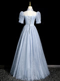 Gray Tulle Floor Length Prom Dress, Pretty A-Line Short Sleeve Evening Party Dress HZ0429