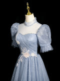 Gray Tulle Floor Length Prom Dress, Pretty A-Line Short Sleeve Evening Party Dress HZ0429