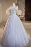 A-Line Tulle Floor Length Prom Dress, Off the Shoulder Blue Evening Party Dress HZ0429