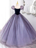 Purple Tulle and Velvet Floor Length Prom Dress, Beautiful A-Line Short Sleeve Party Dress HZ0429