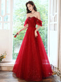 Dark Red Sweetheart Tulle Long Prom Dress, Beautiful A-Line Corset Evening Party Dress HZ0429