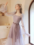 Purple Tulle Beaded Long Prom Dress, Beautiful Long Sleeve Evening Dress HZ0429