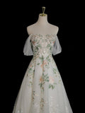 A-Line Tulle Floral Lace Long Prom Dress, White Off the Shoulder Evening Party Dress HZ0429