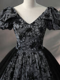 Beautiful Black Rhinestone Flower Prom Dress, Black V-Neck Short Sleeve Evening Dress HZ0429