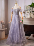 Shiny Tulle Sequins Long Prom Dress, A-Line Off the Shoulder Evening Party Dress HZ0429
