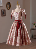 A-Line Floral Satin Short Prom Dress, Cute Short Sleeve Evening Homecoming Dress HZ0429