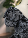 Beautiful Black Rhinestone Flower Prom Dress, Black V-Neck Short Sleeve Evening Dress HZ0429