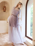 Purple Tulle Beaded Long Prom Dress, Beautiful Long Sleeve Evening Dress HZ0429