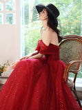 Dark Red Sweetheart Tulle Long Prom Dress, Beautiful A-Line Corset Evening Party Dress HZ0429