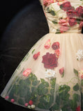 Champagne Scoop Neck Short Prom Dress with Flowers, Cute A-Line Party Dress HZ0429