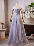 Shiny Tulle Sequins Long Prom Dress, A-Line Off the Shoulder Evening Party Dress HZ0429